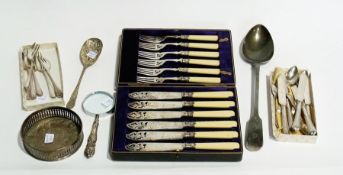 A set of six silverplate fish knives and forks, with pierced foliate decoration, silver hilts,