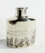 An Edwardian silver oval tea caddy, the repousse decoration of figures dancing in a rural landscape,