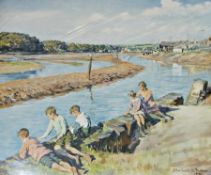 Colour print
After Stanhope Forbes 
Children at river's edge with town in background, by Frost &