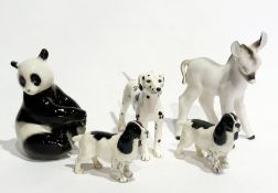 Two Beswick long-eared spaniels, black and white, Midwinter pottery dalmatian, pottery model