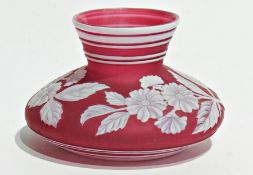 Thomas Webb cameo glass vase, with ridged flared rim, circular squat body, white on red