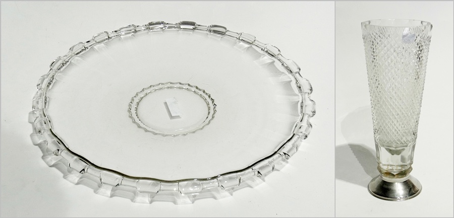 20th century circular clear glass plate with beaded border, 33cm diameter, a clear glass tapering