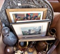 A quantity of assorted decorative ceramics, pewter, brassware, pictures (2 boxes)