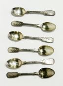 A set of six Victorian silver fiddle pattern teaspoons, with brighcut foliate engraving, London