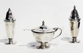 A George VI silver three-piece cruet set, comprising:- salt pot, pepper pot and a lidded mustard pot