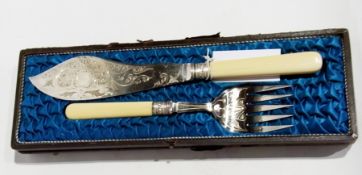 Silver plated fish servers with ivory handles, in case