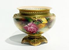 Royal Worcester porcelain footed vase, flattened ovoid shape with pierced and gilt everted rim,