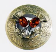 Scottish silver and citrine brooch, circular, thistle decorated with engraved border, Glasgow 1948