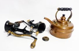 Two cast iron mincing machines and a copper kettle (3)