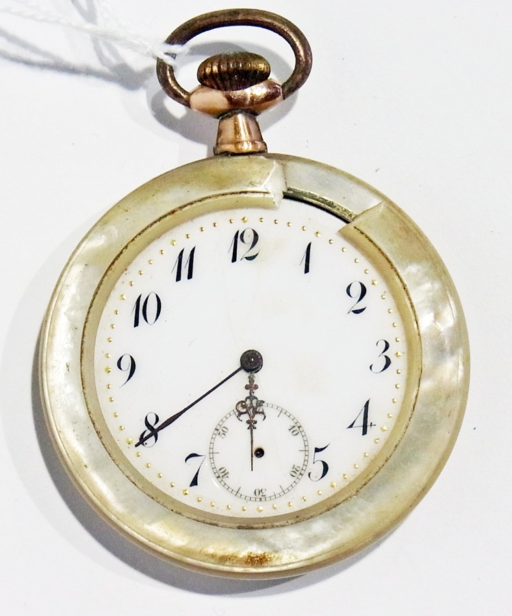 A 19th century gentleman's dress pocket watch, with mother-of-pearl case, the back with gilt metal