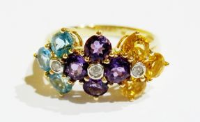 14ct gold, diamond and multi-stone set flowerhead ring, set amethyst, aquamarine coloured stone