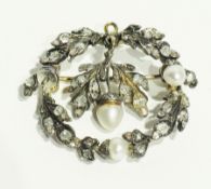 Old cut diamond and pearl brooch, the foliate circle with acorn leaf and acorn drop, set with
