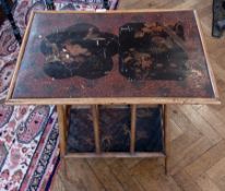 A Victorian aesthetic bamboo occasional table, rectangular with lacquered top depicting birds and