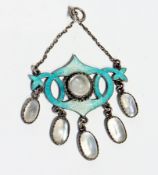 Art Nouveau silver-coloured metal, enamel and moonstone pendant, the turquoise enamelled, pierced