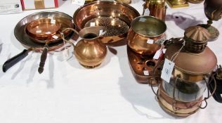 Quantity of mainly brass items, including:- saucepan, lantern, etc (9)