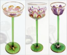 Three Theresienthaler Glasfabrik Art Nouveau wine glasses, one painted with bullrush and palmette
