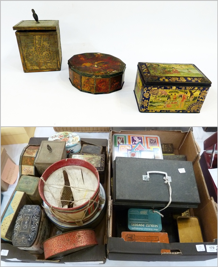 A collection of old tins, various, cake tins, biscuit tins, etc., together with a tin strong box (