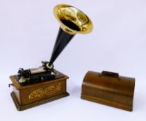 Edison Standard Phonograph, with a black japanned tin and brass horn, no. S104797, in oak carrying