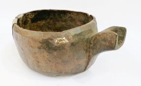 A large circular wooden bowl, with handle, spout and metal mounts (possibly Australian), 26cm in