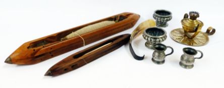 Two weaving loom shuttles, two pewter measures, a brass oil lamp on revolving stand, Keswick metal