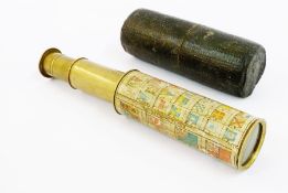 Brass three-draw telescope with leather cover and flag identification chart 19cm extended