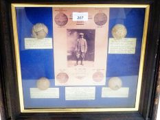 A framed history of the golf ball, with descriptions and advertising poster of Mr John Ball and John