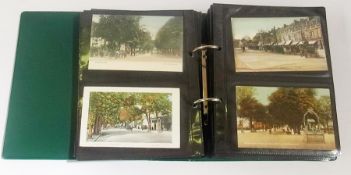 Green postcard album with 212 1900 - 1930 cards, Cheltenham (148), Gloucester (20), Tewkesbury (8)