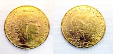 A gold 10 Franc piece, 1906
