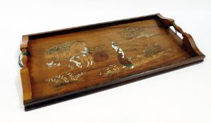 An Indian stained ivory inlaid hardwood rectangular tray, with carrying handles, with inlaid rural