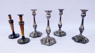 A pair of early 19th century pewter candlesticks with gilt lacquer decoration and marked "JSN