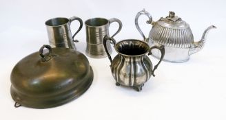 A quantity of old pewter to include:- mugs, meat cover, inkwell, etc. (2 boxes)