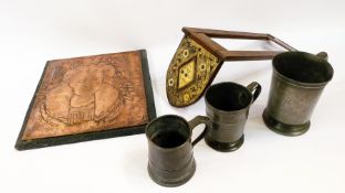 A miscellaneous collection of old pewter mugs, telephone,  etc.