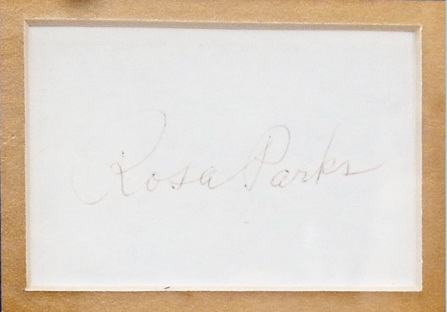 A framed signature of Rosa Parkes(?), 5cm x 7.5cm