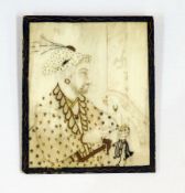 An Indian ivory miniature of a prince with his hawk, 9cm x 7.5cm