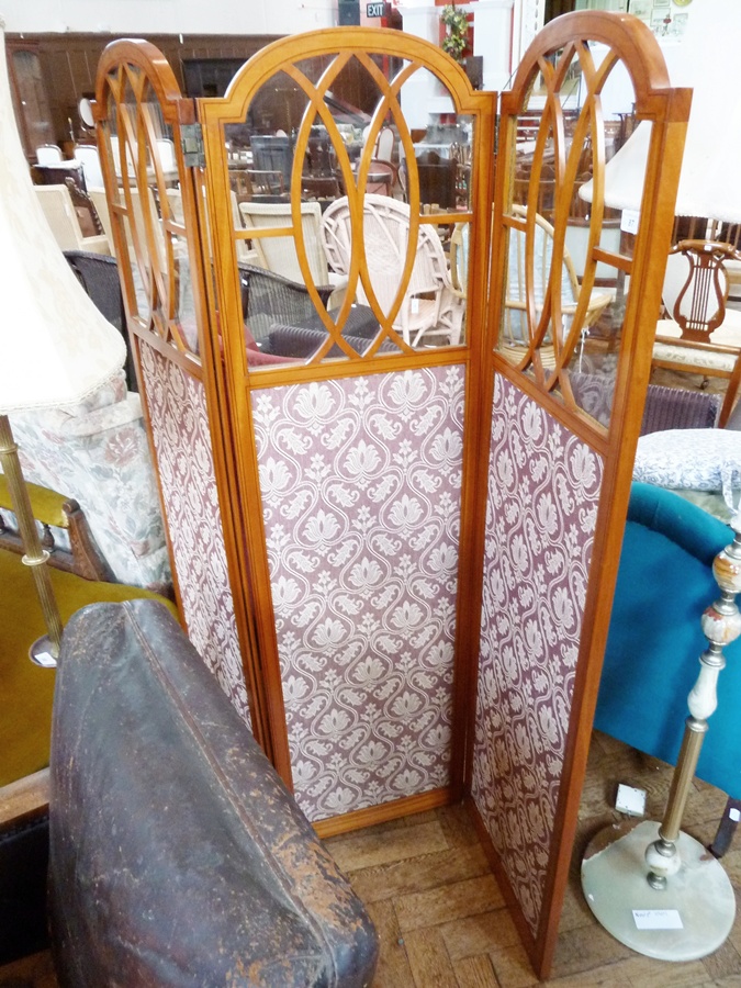 Edwardian satinwood three-fold screen, with glazed top-section upholstered bottom section, 126cm