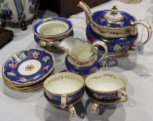 Early Victorian Staffordshire china part teaset, blue and gilt decorated with floral painting (11)