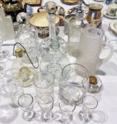 Two cut glass decanters, a Stroud Company Limited water syphon, a glass jug, vases, four wine