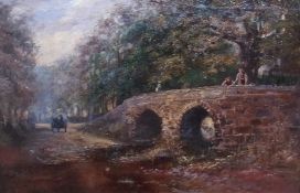 Oil on canvas
Alfred H Blake (19th century) 
Rural scene with figures on a stone bridge, signed,