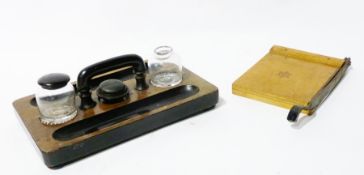 Small wooden and metal paper guillotine and Victorian stained wood and ebonised inkstand with pair