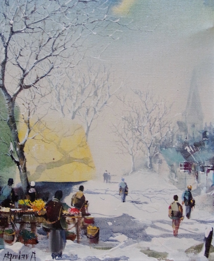 Oil on canvas
Jorge Aguilar-Agon (b.1936) 
"Market in the Snow", continental market scene with fruit