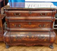Antique Dutch walnut marquetry inlaid bombe commode, the serpentine top with quadrant-mould edge,