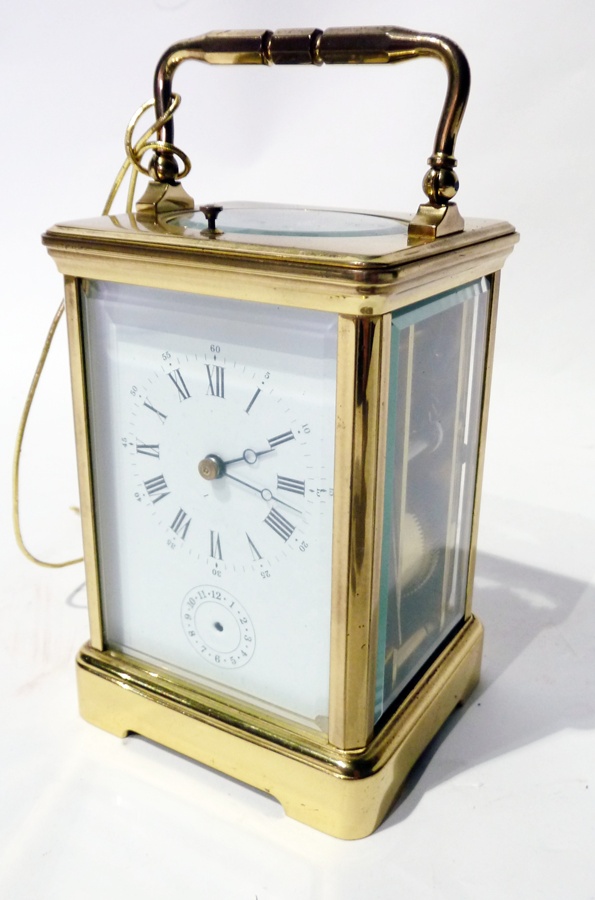 French brass repeater carriage clock with panelled bar handle, subsidiary hour dial, 17cm high