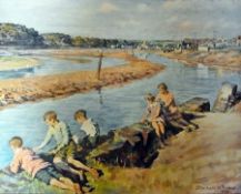 Colour print
After Stanhope Forbes 
Children at rivers edge with town in background, by Frost &