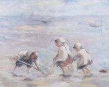 Oil on canvas 
Children paddling at water's edge, 41 x 51cm, unframed