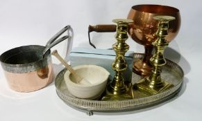 Pair brass table candlesticks, two copper and iron saucepans and other metalware