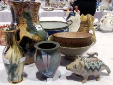 Studio pottery jug, abstract glazed, two studio fine stoneware bowls and three other studio