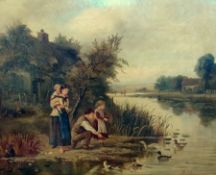 Oil on canvas
John Locker
Family feeding ducks on river, signed and dated 1862, 49cm x 60cm approx.