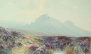 Gouache drawing
H W Hicks 
Moorland landscape, signed, 26cm x 46cm