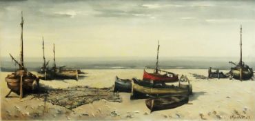Oil on canvas
Jorge Aguilar-Agon (b.1936) 
Fishing boats moored on beach with fishermen, signed,