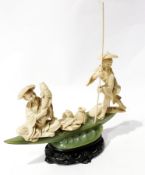 Oriental simulated jade group of two fisherman on pump with carved hardwood base
